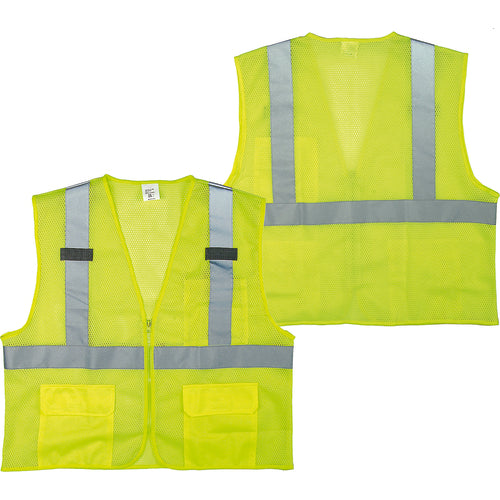 Class 2 Mesh Vest; Contrasting Color Strip, Zipper Closure, Outside Pocket - XL - Exact Tool & Supply
