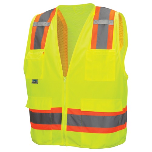 Class 2 Surveyors' Vest; Contrasting Color Strip, Zipper Closure, 8 Pockets - M - Exact Tool & Supply