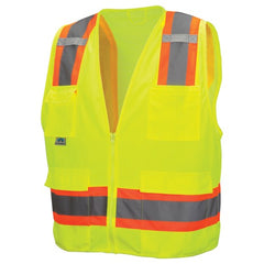 Class 2 Surveyors' Vest; Contrasting Color Strip, Zipper Closure, 8 Pockets - XL - Exact Tool & Supply