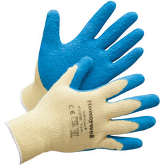 Large Gloves-Tuff Coat Cut Resistant - 10 Cut Medium Weight Yellow Kevlar With Blue Natural Rubber Palm And Fingertip Coating - Exact Tool & Supply