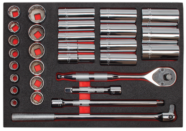 Proto® Foamed 1/2" Drive 30 Piece Socket Set w/ Precision 90 Pear Head Ratchet - Full Polish - 12 Point - Exact Tool & Supply