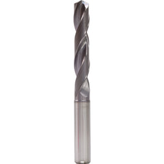 8.9 mm Dia. × 10 mm Shank × 61 mm Flute Length × 103 mm OAL, 5xD, 140°, TiAlN, 2 Flute, Internal, Round Solid Carbide Drill - Exact Tool & Supply