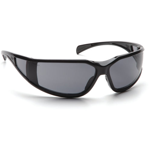 Safety Glasses - Curved Lens, Black Frame, Gray Fog Free - Exact Tool & Supply