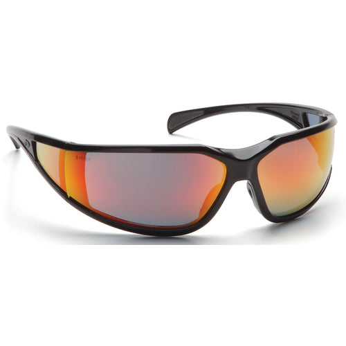 Safety Glasses - Curved Lens, Black Frame, Sky Red Mirror - Exact Tool & Supply