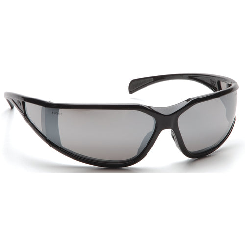 Safety Glasses - Curved Lens, Black Frame, Silver Mirror - Exact Tool & Supply