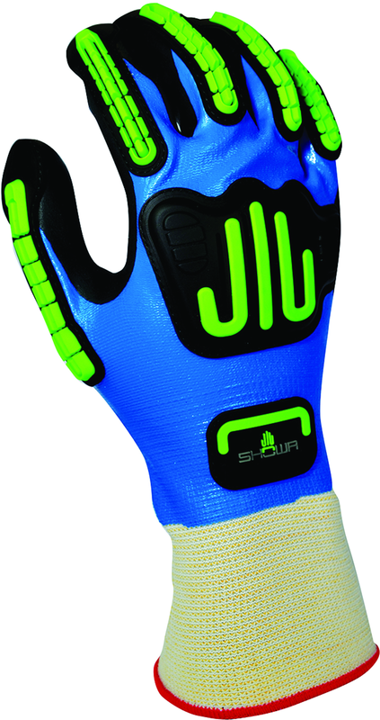General purpose full nitrile blue undercoating w/black foamed palm coating w/impact resistant bumper guards, 13 gauge, seamless knitted liner/large - Exact Tool & Supply