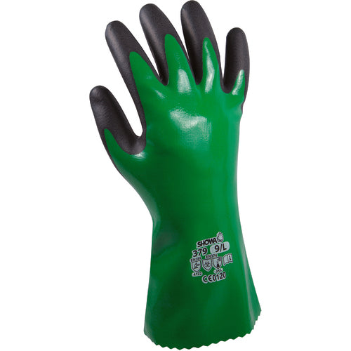 Chemical resistant fully coated with nitrile foamed overdip green w/black seamless knitted liner 12″ cuff/XX large - Exact Tool & Supply