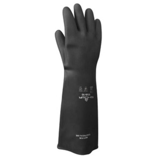 Chemical resistant natural rubber latex unsupported 18″ 40-mil unlined black bisque finish rolled cuff/L - Exact Tool & Supply
