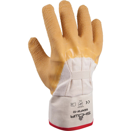 General purpose natural rubber palm-coated reinforced safety cuff white w/yellow dip wrinkle-finish/L - Exact Tool & Supply