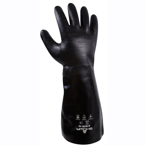 Chemical resistant neoprene fully coated heavyweight elbow length gauntlet black rough finish/large - Exact Tool & Supply