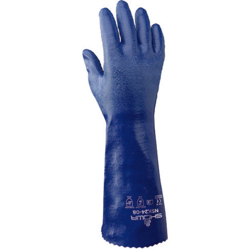 Chemical resistant nitrile fully coated 14″ gauntlet royal blue rough finish interlock liner/large - Exact Tool & Supply