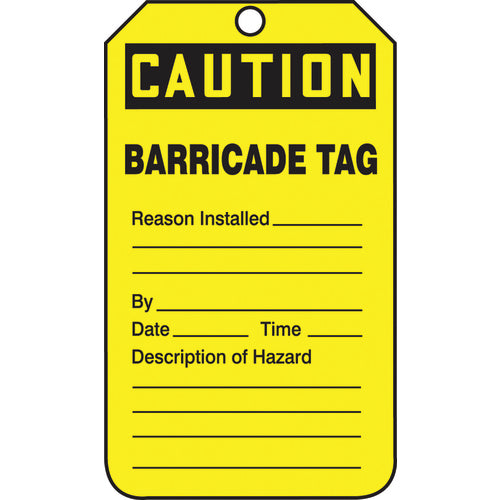 Barricade Tag, Caution Barricade Tag, 25/Pk, Cardstock - Exact Tool & Supply