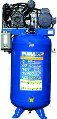 80 Gallon Vertical Tank Two Stage; Belt Drive; 5HP 230V 1PH W/Starter; 18.4CFM@175PSI; 530lbs. - Exact Tool & Supply