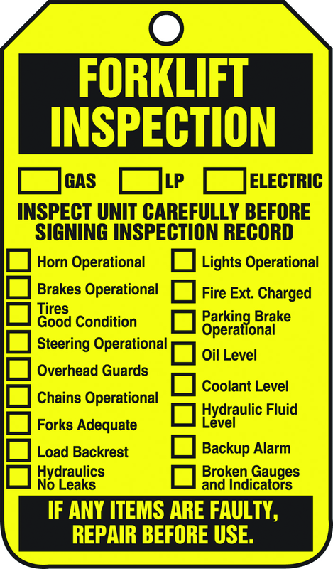 Forklift Tag, Forklift Inspection (Checklist)/Forklift Inspect, 25/Pk, Plastic - Exact Tool & Supply