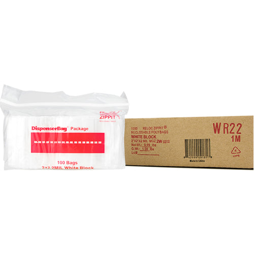 2″ × 2″ 2-MIL White Block Reloc Zippit Zipper Bags, Sold per Case of 1000 (10 boxes of 100 per case)
