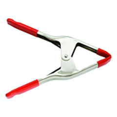 Steel Spring Clamp - 5″ Capacity–4″ Throat Depth - Vinyl Tips to prevent Marring, Nickel Plating to resist corrosion on a Heavy Duty Spring - Exact Tool & Supply
