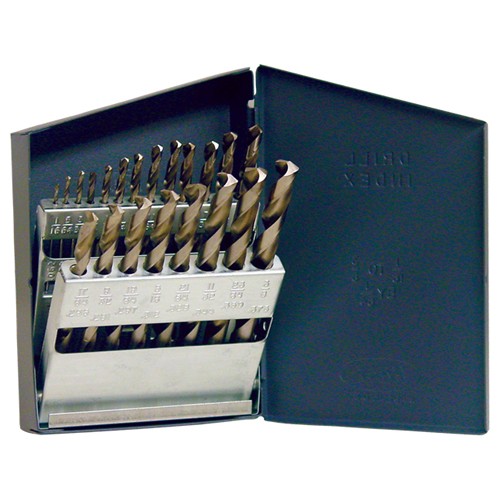 ‎1/16-3/8 RHS / RHC HSS-CO 8% (M42) 135 Degree Split Point Heavy Duty Cobalt Jobber Length Drill Set - Straw / Gold Oxide - Exact Tool & Supply