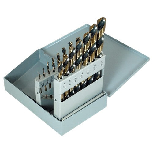 ‎1/16-1/2 RHS / RHC HSS 135 Degree Split Point Heavy Duty Jobber Length Drill Set - Black & Gold - Exact Tool & Supply