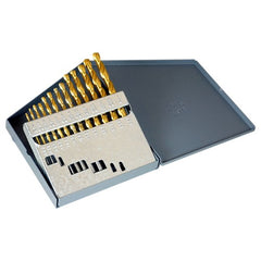 ‎1/16-1/4 RHS / RHC HSS 135 Degree Split Point Heavy Duty Jobber Length Drill Set - TiN - Exact Tool & Supply