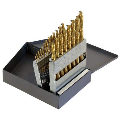 ‎1/16-3/8 RHS / RHC HSS-CO 8% (M42) 135 Degree Split Point Heavy Duty Cobalt Jobber Length Drill Set - TiN - Exact Tool & Supply