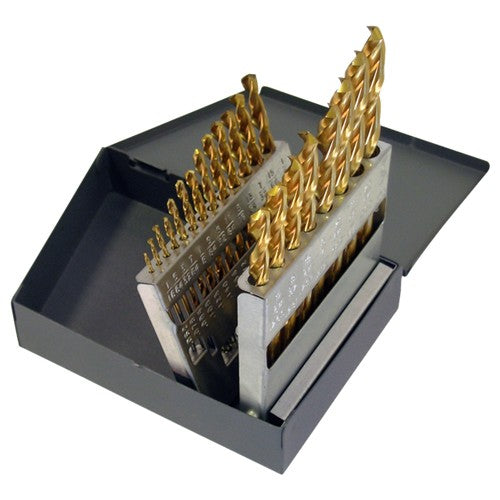 ‎1/16-3/8 RHS / RHC HSS 135 Degree Split Point Heavy Duty Parabolic Jobber Length Drill Set - TiN - Exact Tool & Supply