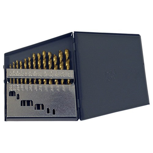 ‎1/16-1/4 RHS / RHC HSS-CO 8% (M42) 135 Degree Split Point Heavy Duty Cobalt Jobber Length Drill Set - TiN - Exact Tool & Supply