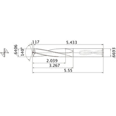 MAS06406MB HTi10 0.6406″ Dia. × 0.6693″ Shank × 3.267″ Flute Length × 5.55″ OAL, 140°, 2 Flute, Coolant Thru, Solid Carbide Drill