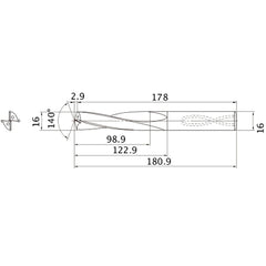 MAS1600LB HTI10 16 mm Dia. × 16 mm Shank × 122.9 mm Flute Length × 180.9 mm OAL, 140°, 2 Flute, Coolant Thru, Solid Carbide Drill
