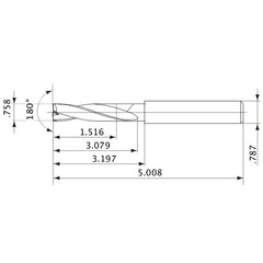 MFE1925X02S200 DP1020 0.758″ Dia. × 0.787″ Shank × 3.079″ Flute Length × 5.008″ OAL, 180°, 2 Flute, External Coolant, Solid Carbide Drill