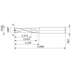MFE1945X02S200 DP1020 0.7656″ Dia. × 0.787″ Shank × 3.079″ Flute Length × 5.008″ OAL, 180°, 2 Flute, External Coolant, Solid Carbide Drill