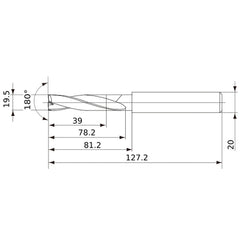 MFE1950X02S200 DP1020 19.5 mm Dia. × 20 mm Shank × 78 mm Flute Length × 127 mm OAL, 180°, 2 Flute, External Coolant, Solid Carbide Drill