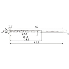 MHS0100L025B VP15TF 1 mm Dia. × 3 mm Shank × 25.2 mm Flute Length × 60.2 mm OAL, 135°, 2 Flute, Coolant Thru, Solid Carbide Drill