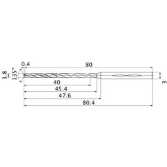 MHS0180L045B VP15TF 1.8 mm Dia. × 3 mm Shank × 45.4 mm Flute Length × 80.4 mm OAL, 135°, 2 Flute, Coolant Thru, Solid Carbide Drill