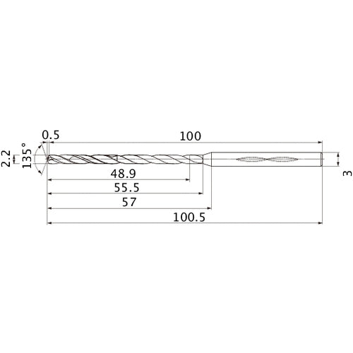 MHS0220L055B VP15TF 2.2 mm Dia. × 3 mm Shank × 55.5 mm Flute Length × 100.5 mm OAL, 135°, 2 Flute, Coolant Thru, Solid Carbide Drill