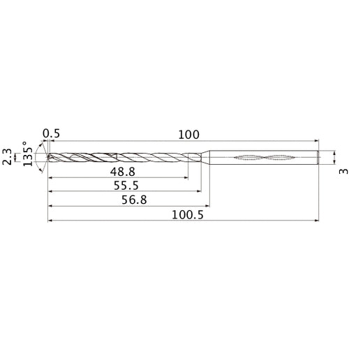MHS0230L055B VP15TF 2.3 mm Dia. × 3 mm Shank × 55.5 mm Flute Length × 100.5 mm OAL, 135°, 2 Flute, Coolant Thru, Solid Carbide Drill
