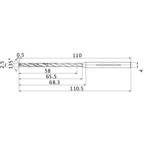 MHS0250L065B VP15TF 2.5 mm Dia. × 4 mm Shank × 65.5 mm Flute Length × 110.5 mm OAL, 135°, 2 Flute, Coolant Thru, Solid Carbide Drill