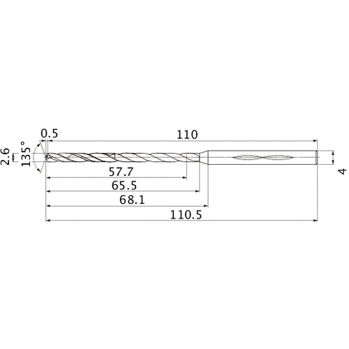 MHS0260L065B VP15TF 2.6 mm Dia. × 4 mm Shank × 65.5 mm Flute Length × 110.5 mm OAL, 135°, 2 Flute, Coolant Thru, Solid Carbide Drill