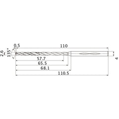 MHS0260L065B VP15TF 2.6 mm Dia. × 4 mm Shank × 65.5 mm Flute Length × 110.5 mm OAL, 135°, 2 Flute, Coolant Thru, Solid Carbide Drill