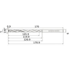 MHS0500L120B VP15TF 5 mm Dia. × 6 mm Shank × 119.9 mm Flute Length × 170.9 mm OAL, 140°, 2 Flute, Coolant Thru, Solid Carbide Drill