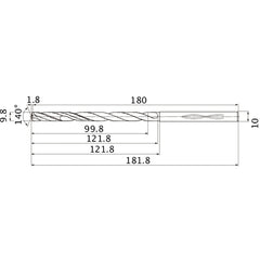 MHS0980L120B VP15TF 9.8 mm Dia. × 10 mm Shank × 121.8 mm Flute Length × 181.8 mm OAL, 140°, 2 Flute, Coolant Thru, Solid Carbide Drill