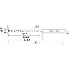 MHS1180L120B VP15TF 11.8 mm Dia. × 12 mm Shank × 122.1 mm Flute Length × 182.1 mm OAL, 140°, 2 Flute, Coolant Thru, Solid Carbide Drill