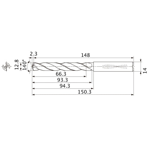 MMS1280X5DB DP7020 12.8 mm Dia. × 14 mm Shank × 93.3 mm Flute Length × 150.3 mm OAL, 140°, 2 Flute, Coolant Thru, Solid Carbide Drill