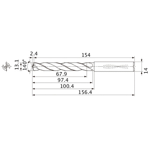 MMS1310X5DB DP7020 13.1 mm Dia. × 14 mm Shank × 97.4 mm Flute Length × 156.4 mm OAL, 140°, 2 Flute, Coolant Thru, Solid Carbide Drill