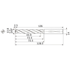 MMS1380X3DB DP7020 13.8 mm Dia. × 14 mm Shank × 72.5 mm Flute Length × 128.5 mm OAL, 140°, 2 Flute, Coolant Thru, Solid Carbide Drill