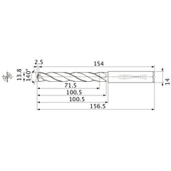 MMS1380X5DB DP7020 13.8 mm Dia. × 14 mm Shank × 100.5 mm Flute Length × 156.5 mm OAL, 140°, 2 Flute, Coolant Thru, Solid Carbide Drill