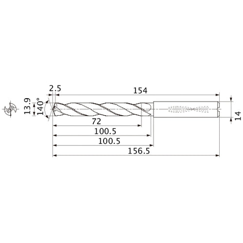 MMS1390X5DB DP7020 13.9 mm Dia. × 14 mm Shank × 100.5 mm Flute Length × 156.5 mm OAL, 140°, 2 Flute, Coolant Thru, Solid Carbide Drill