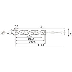 MMS1400X5DB DP7020 14 mm Dia. × 14 mm Shank × 100.5 mm Flute Length × 156.5 mm OAL, 140°, 2 Flute, Coolant Thru, Solid Carbide Drill