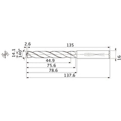 MMS1410X3DB DP7020 14.1 mm Dia. × 16 mm Shank × 75.6 mm Flute Length × 137.6 mm OAL, 140°, 2 Flute, Coolant Thru, Solid Carbide Drill
