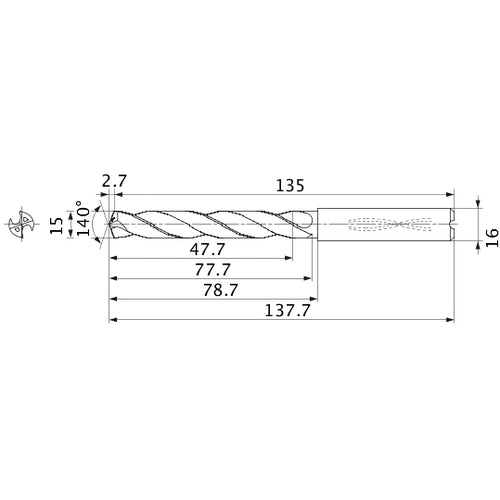 MMS1500X3DB DP7020 15 mm Dia. × 16 mm Shank × 77.7 mm Flute Length × 137.7 mm OAL, 140°, 2 Flute, Coolant Thru, Solid Carbide Drill