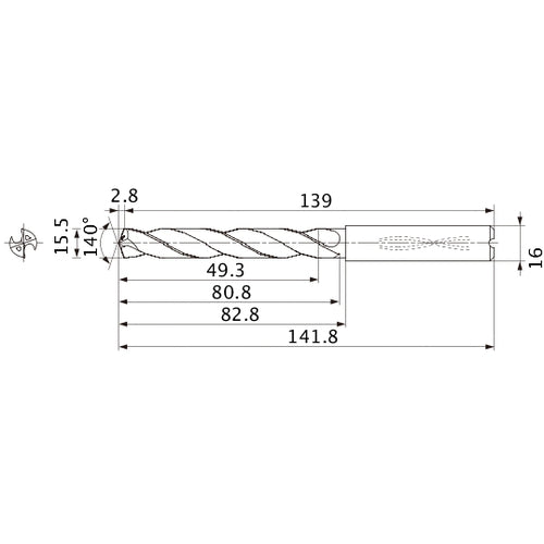 MMS1550X3DB DP7020 15.5 mm Dia. × 16 mm Shank × 80.8 mm Flute Length × 141.8 mm OAL, 140°, 2 Flute, Coolant Thru, Solid Carbide Drill